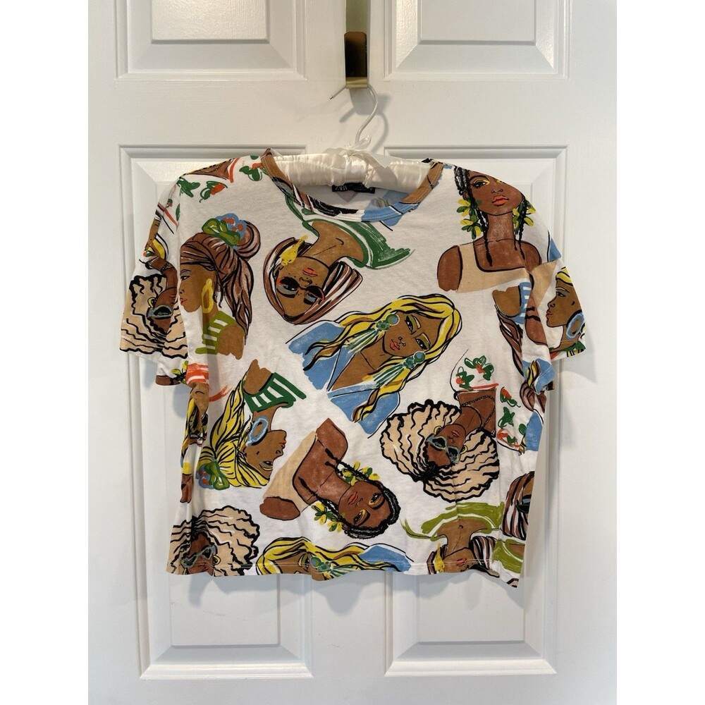 ZARA Women's Printed T-Shirt Size Small Colorful Faces Hippie Boho